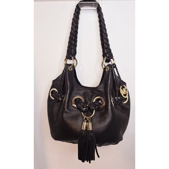 Michael Kors Braided Astor Grommet Tote Large Shoulder Bag Black Leather - Picture 1 of 12